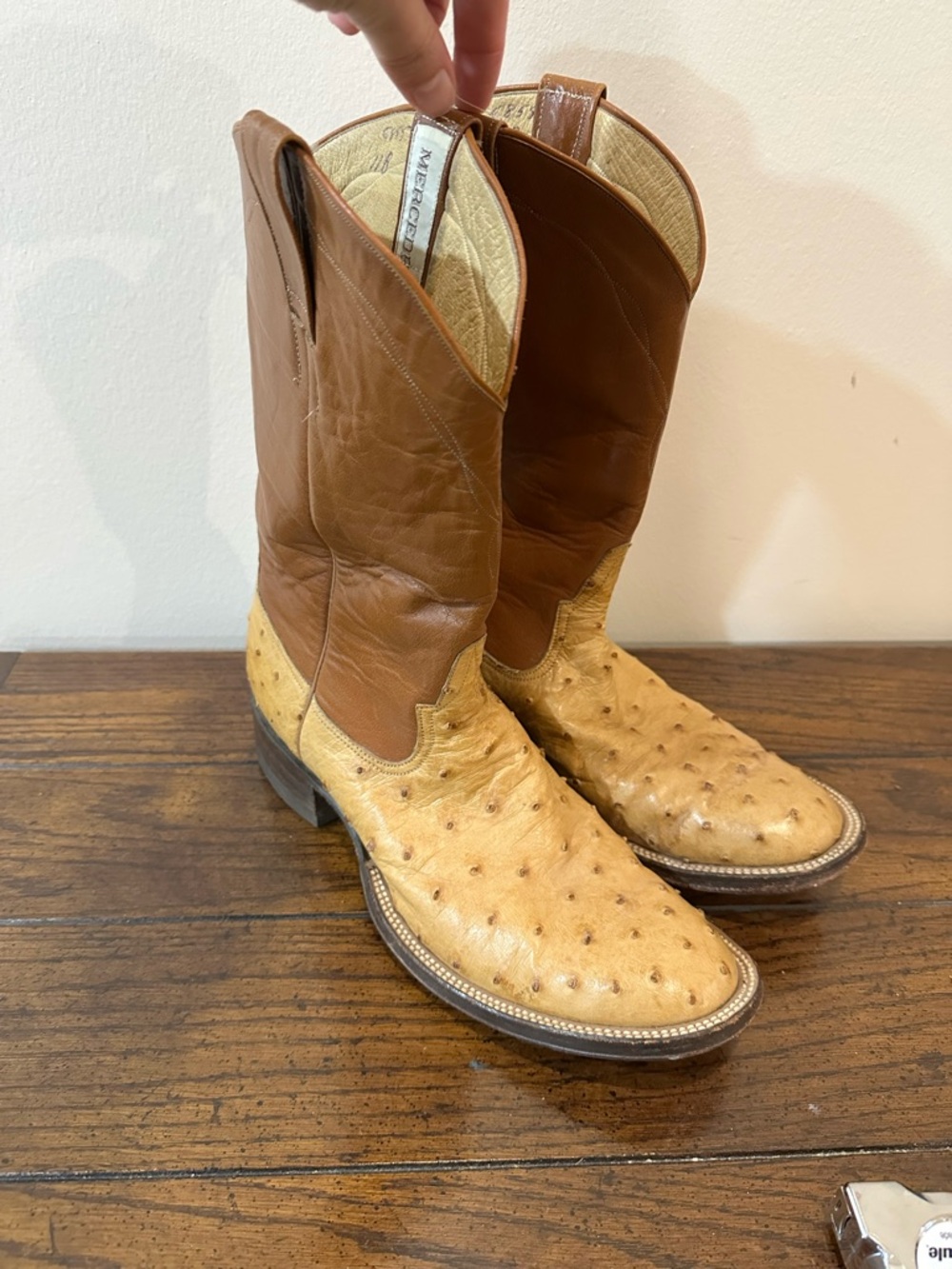 Mercedes Men's Ostrich Leather Cowboy Boots, Size 9/9.5, Brown READ